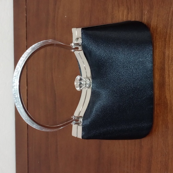 Black Poi De Soie Black Satin with Silver Trim Structured Evening Bag - Picture 6 of 12